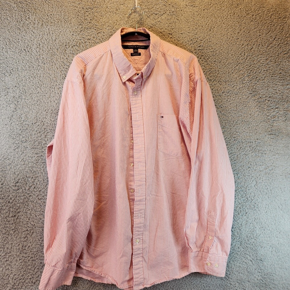 Tommy Hilfiger Button Up Shirt Mens 2XL Pink White Striped Classic Fit Cotton